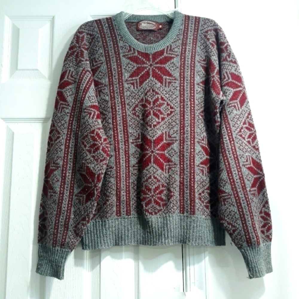 Vintage Harbor Wool Knit USA Sweater Gray Burgundy Long-Sleeve Size Small
